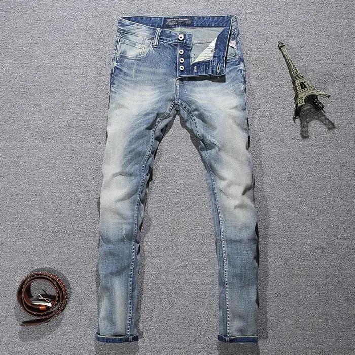 Jeans italiens de créateur pour hommes, coupe slim, style rétro, bleu délavé, brodés, haute qualité,