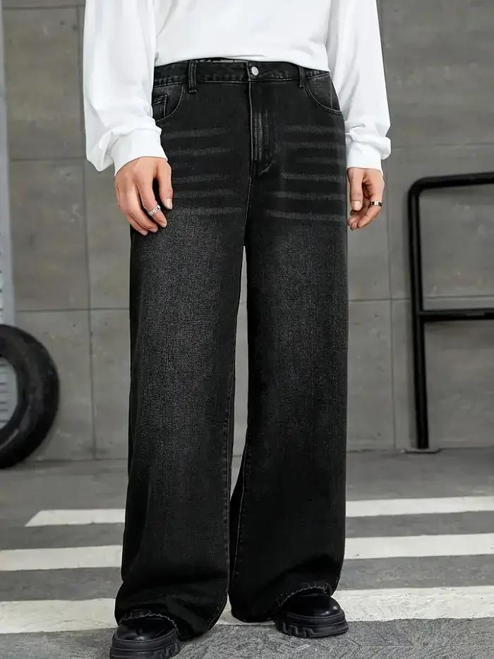 Jean à jambes larges en denim noir coupe ample pour hommes avec détails de lavage brut – Vêtements c