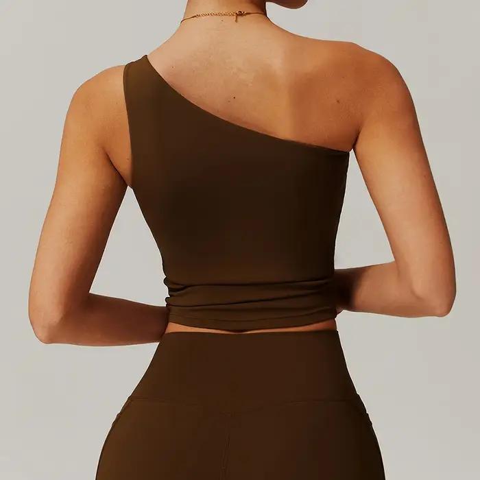 Soutien-gorge de sport push-up femme gilet asymétrique épaule dénudée fitness rembourré Yoga