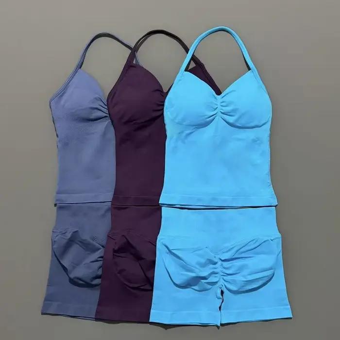 Yoga 2 pièces ensemble de gymnastique femmes dos nu haut à licou taille haute sans couture Shorts co