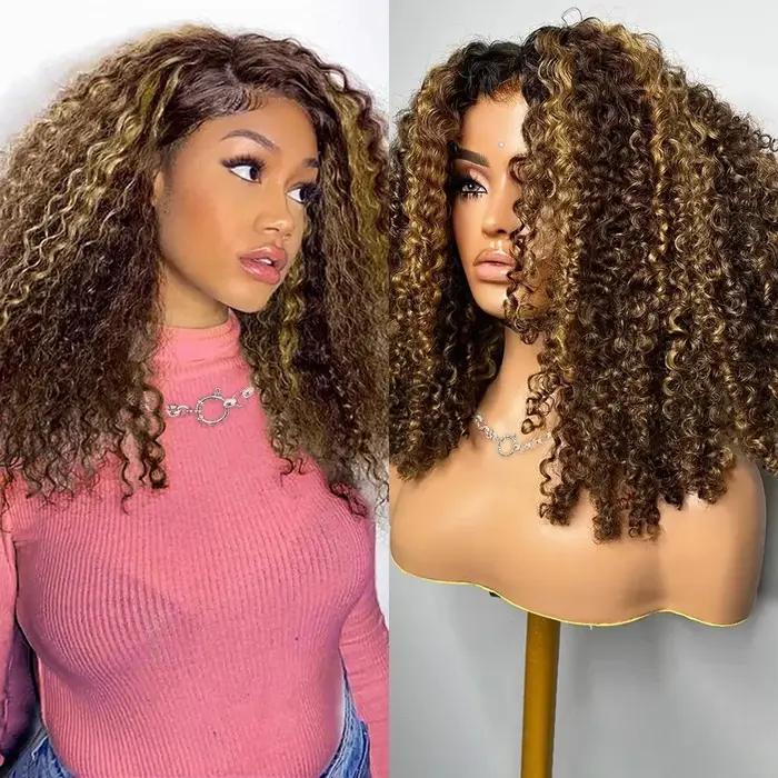 Perruque Bob Ombrée Highlight en Cheveux Humains, Perruque Courte Bouclée Blonde Miel avec Fermeture