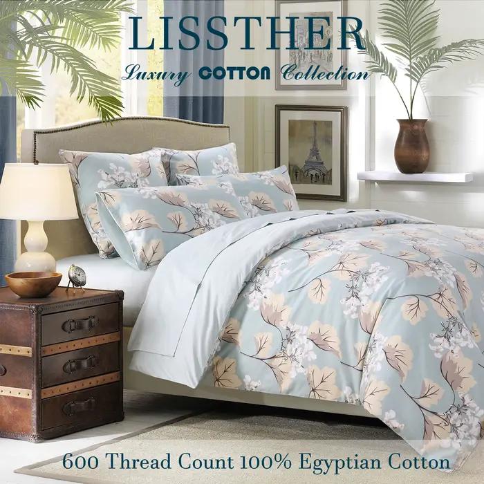 Ensemble de housse de couette 3 pièces 600TC 100% coton égyptien, feuilles de luxe bleues florales,