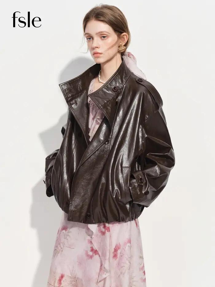 FSLE【Série Premium】Manteau court oversize pour femme en simili cuir marron avec ceinture, veste coup