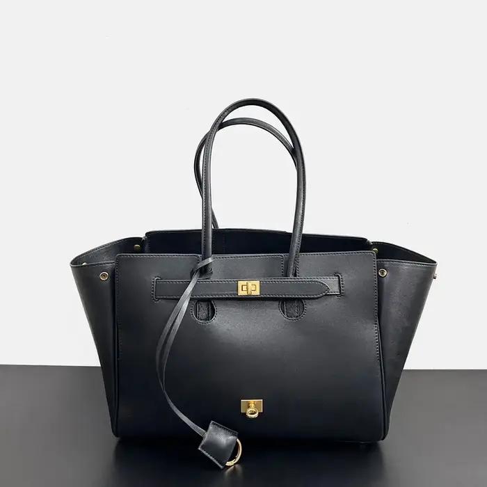 Sac à bandoulière de luxe grande capacité en cuir noir de haute qualité avec fermoir argenté/doré, s
