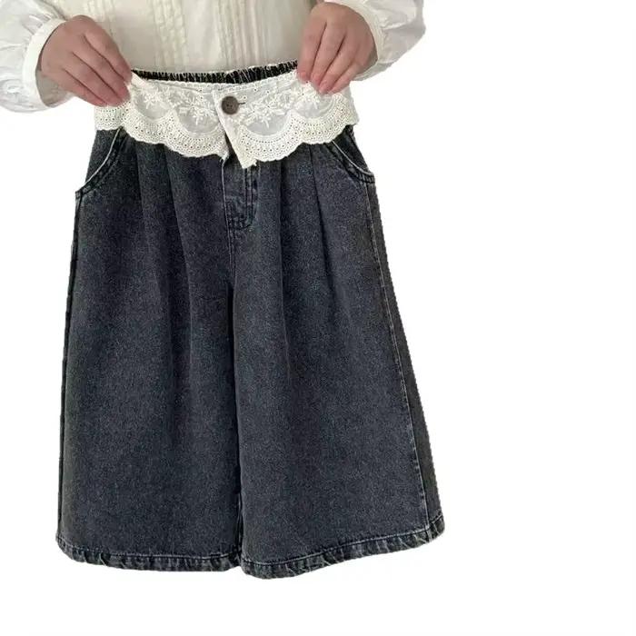 UNITIM Jeans amples en denim pour filles de 2 à 8 ans, avec patchwork en dentelle, pantalon droit dé