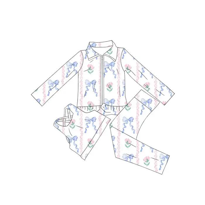 Vente chaude enfants vêtements pétoncle école fille deux pièces vêtements à volants arc Boutique fil