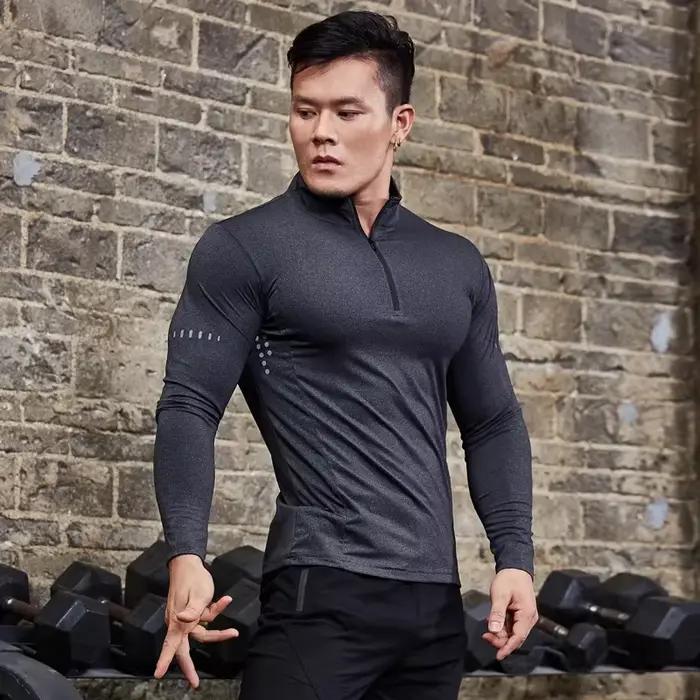 T-shirt de sport serré à manches longues pour hommes, vêtements de course à pied, sweat-shirt de com