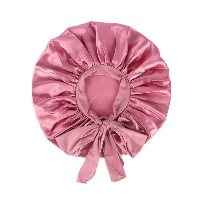 Grand Bonnet en Satin pour femmes, Bonnet de nuit soyeux avec bandeau à nouer extensible, bonnet de