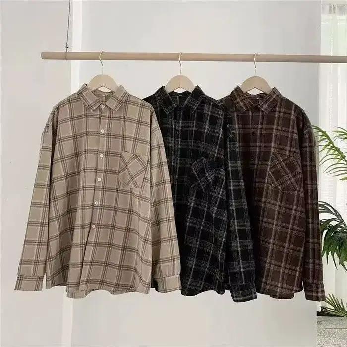 Vintage chemises à carreaux femmes automne à manches longues surdimensionné boutonné chemise mode co