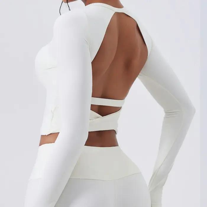 Chemise de yoga Cloud Hide SEXY dos nu gris pour femmes, manches longues, chemisier de Pilates, haut