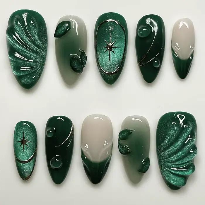 24 pièces 3D vert ondulation Design faux ongles oeil de chat français amande faux ongles conseils fe