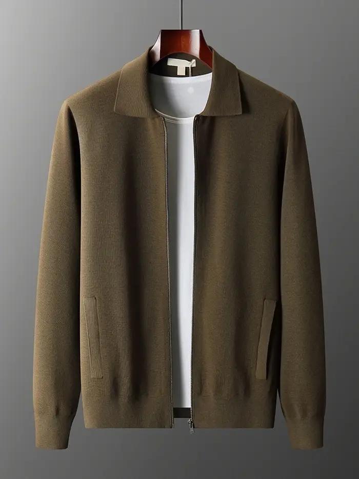 Pull à col rabattu en laine mérinos pour hommes avec fermeture éclair, manteau cardigan, tricots en