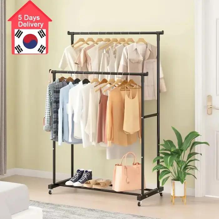 Porte-vêtements à double tige avec crochets et roulettes pour chambre à coucher rangement vêtements suspendu et mobile