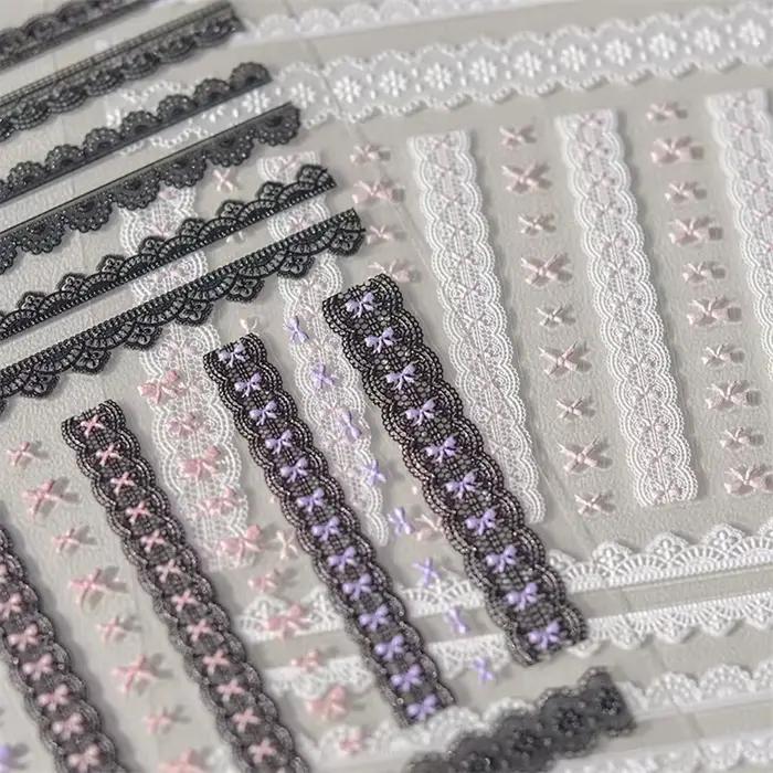 Autocollants en dentelle pour ongles, 1 pièce, motif cœur d'amour, rose, blanc, noir, auto-adhésif,
