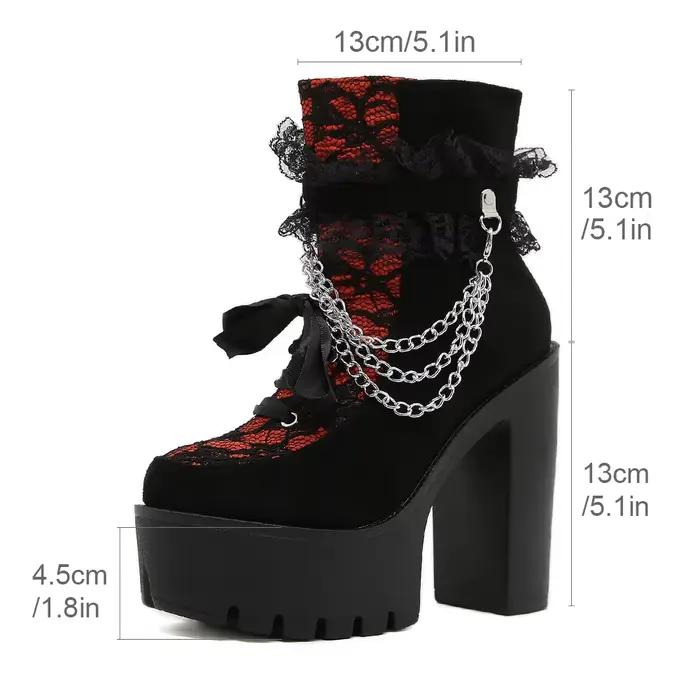 Gdgydh-Bottes gothiques vintage pour femmes, bottes de rinçage en dentelle, talon épais, fermeture à