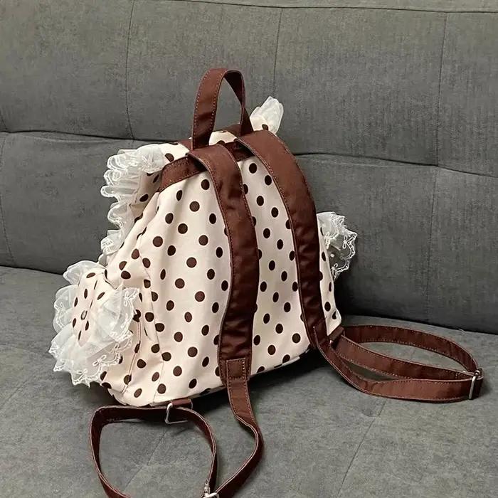 Sac à dos Preppy à pois avec nœud décoratif en dentelle, plusieurs poches, grande capacité, sac simp