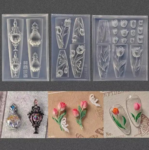 1pc Rose tulipe Lotus 3D acrylique moule muguet Nail Art décorations ongles bricolage conception Sil