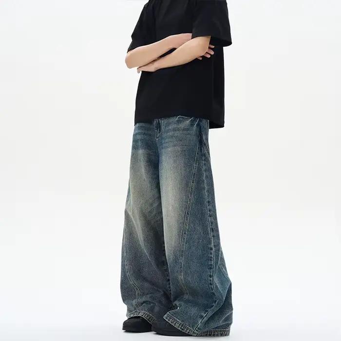 Jean surdimensionné à jambes larges pour homme, pantalon ample, Vintage, Patchwork foudre craquelée,