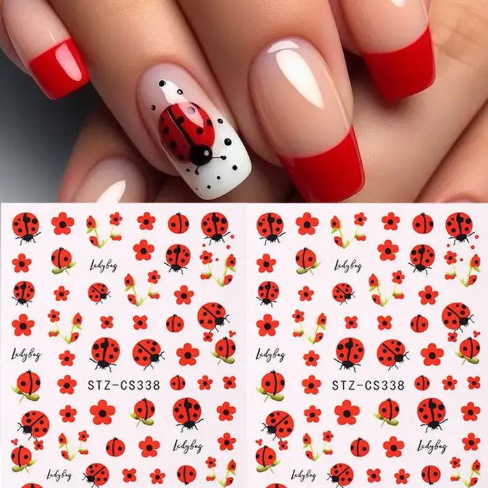 Autocollants pour ongles coccinelle de dessin animé 3D, 2 pièces, pétales rouges d'insecte mignons,