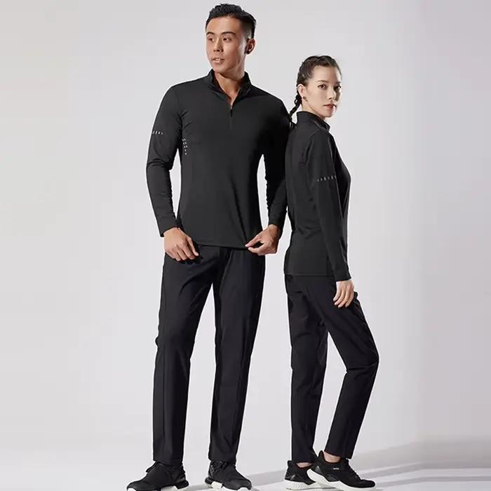 T-shirt de sport à manches longues pour hommes, coupe cintrée, demi-fermeture éclair, col montant, p