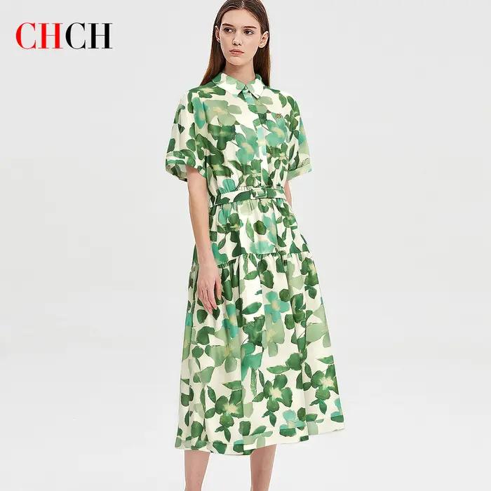 CHCH robe femme nouvelle robe longue femme imprimé fleur verte avec ceinture
