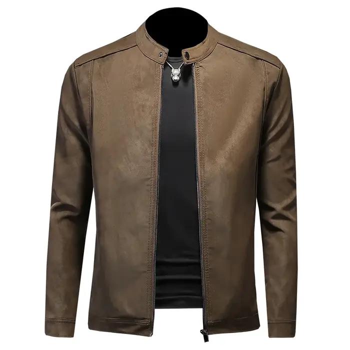 2025 nouvelle veste en cuir coupe ajustée de haute qualité, veste en cuir de moto à col montant déco