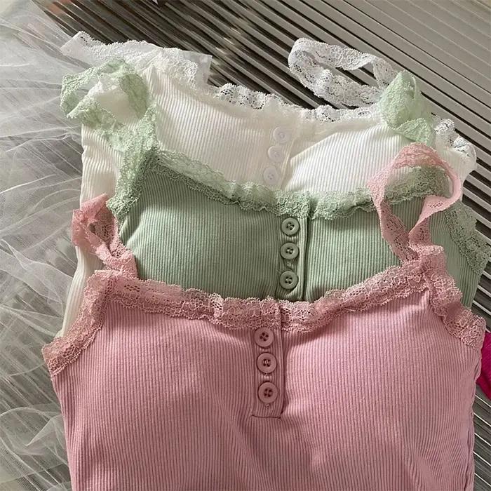 Camisole patchwork à bretelles en dentelle pour femme, haut précieux, fibres de document solides, ét