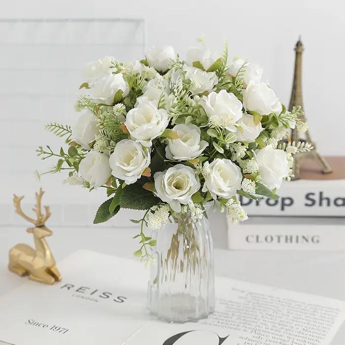 Bouquet de pivoines artificielles en soie blanche, 30cm, 5 grandes têtes, 4 petits bourgeons, décora