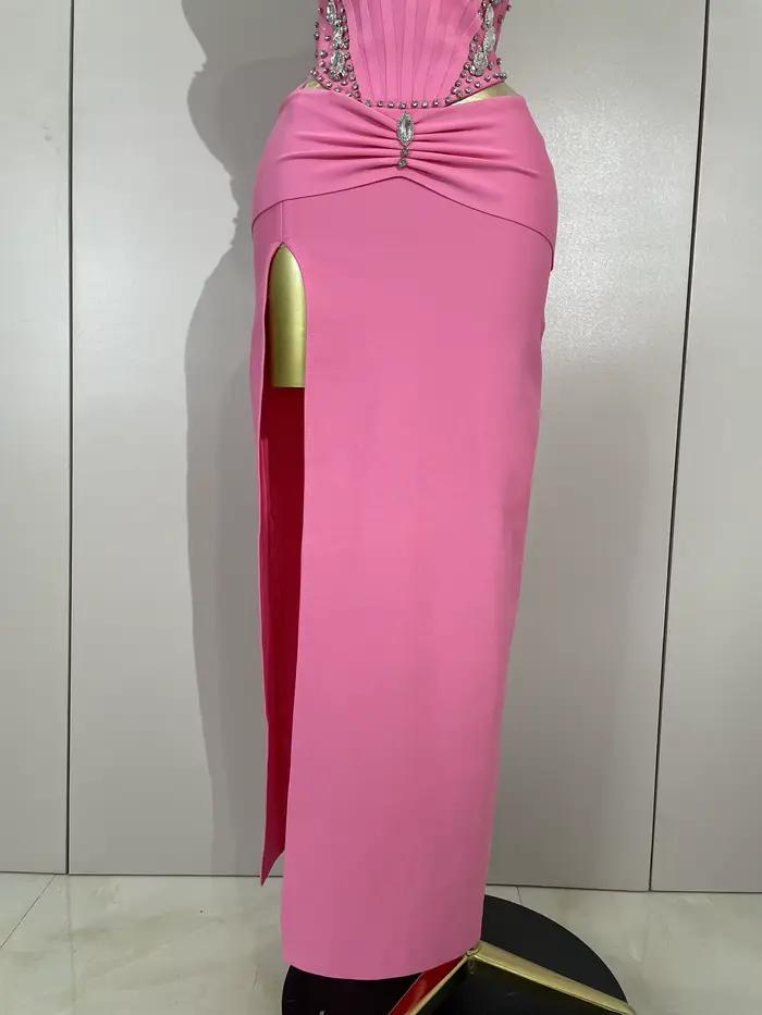 Robe à bandes rose, élégante, Sexy, dos nu, moulante, sans manches, pour femmes, bal, Club, soirée,