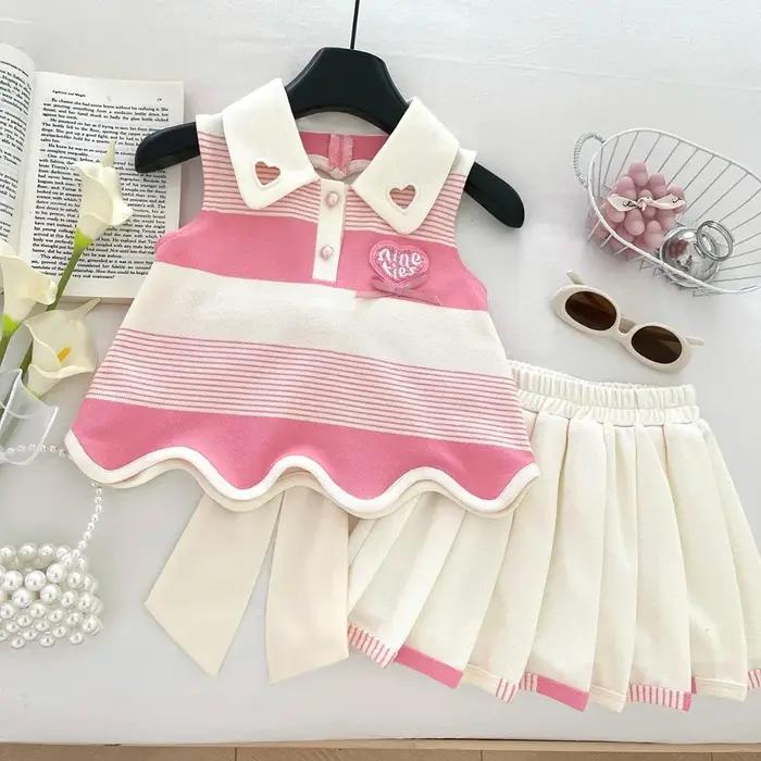 Vêtements roses pour filles de 2 à 9 ans, T-shirt rayé imprimé amour + jupe plissée, ensemble 2 pièc