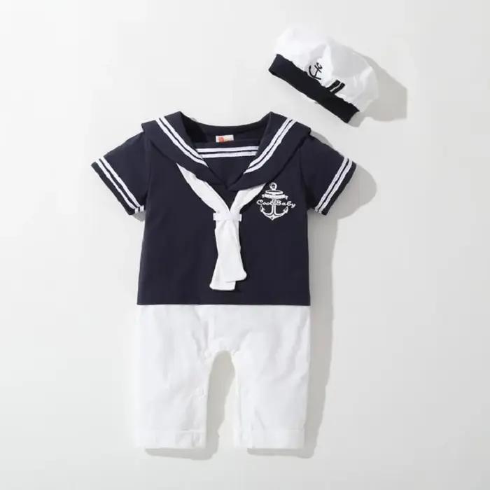 Barboteuse d'été pour bébés garçons et filles, combinaison de marin, chapeau, 2 pièces, Body manches