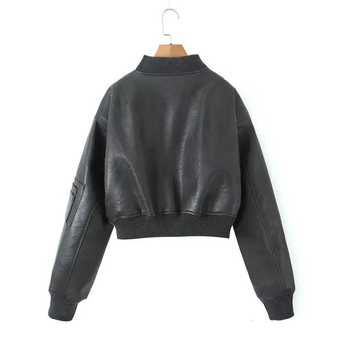 Y2K-Blouson en Cuir PU pour Femme, Col en V Côtelé, Manches sulf, Fermeture Éclair, Manteau Matelass