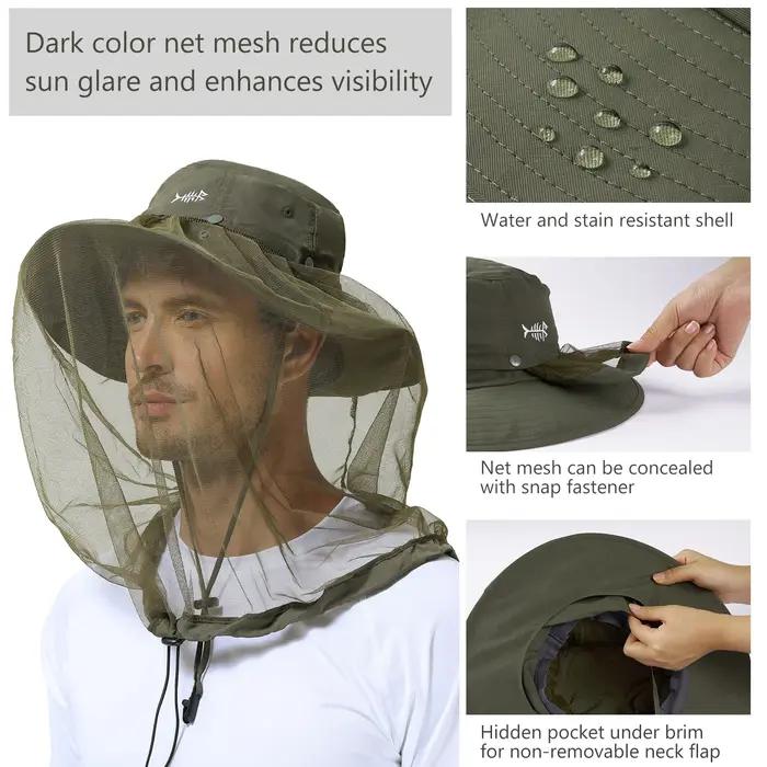 BASSDspatule-Chapeau Anti-Moustiques avec Filet Caché pour Homme et Femme, Rabat de Cou, Pêche en Pl