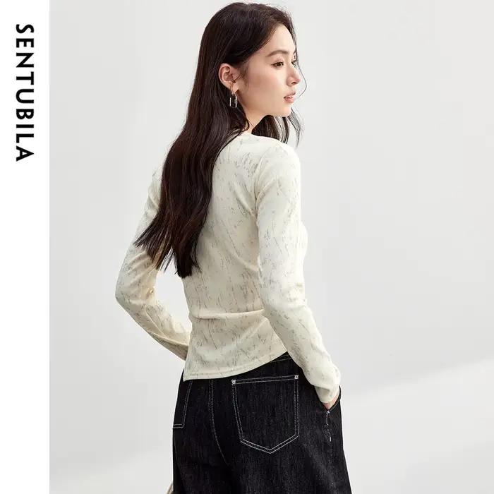 T-shirt en coton imprimé SENTUBILA pour femme, plissé irrégulier, tricoté, col rond, manches longues