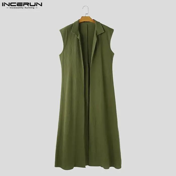 INCERUN hommes chemises de Style Long solide col montant sans manches décontracté mâle Cardigan Stre