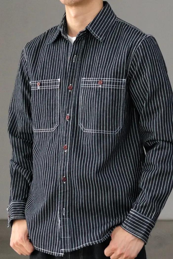 Chemise à rayures en Denim pour hommes, rétro américain, poids lourd, broderie Cargo, mode masculine