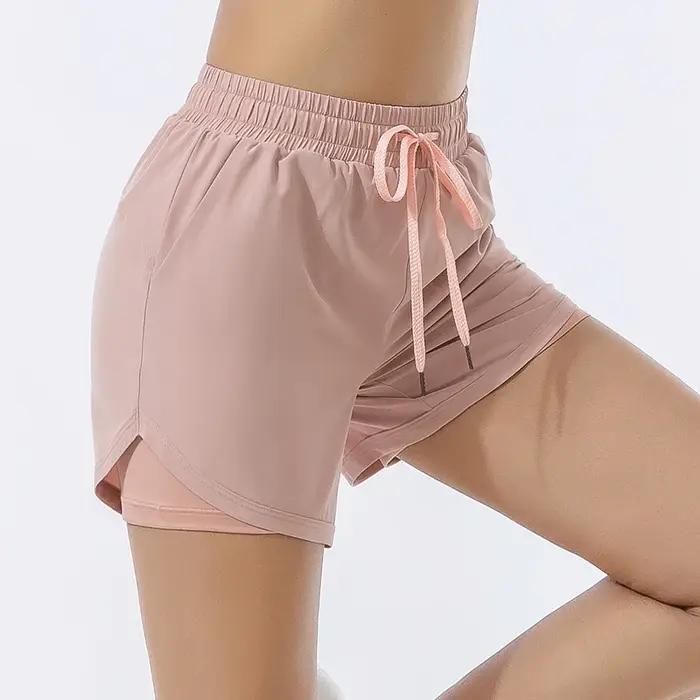Short de sport ample pour femmes, taille haute, double couche, antidérapant, pantalon de yoga, fitne
