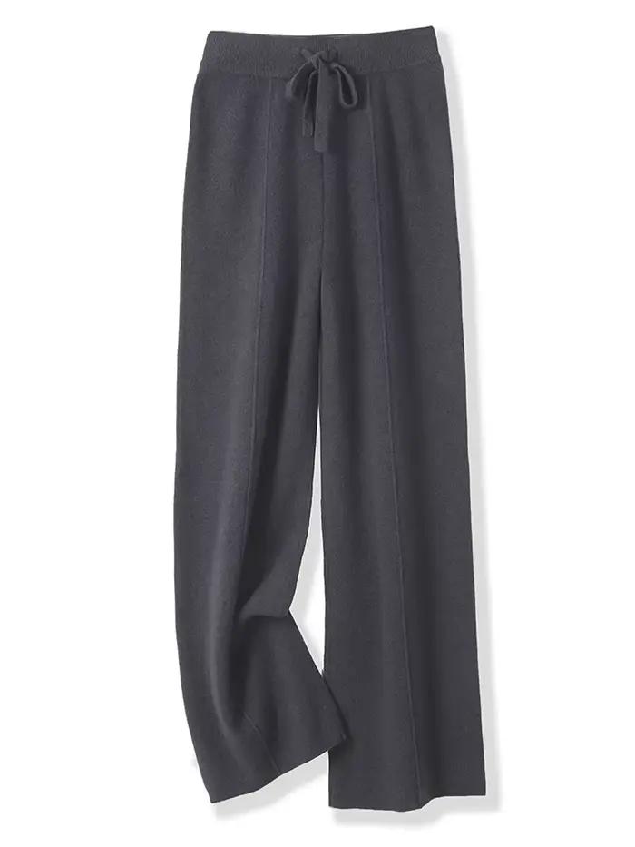 Pantalon tricoté en laine mérinos pour femme, jambes larges, basique, doux et chaud, en cachemire, d