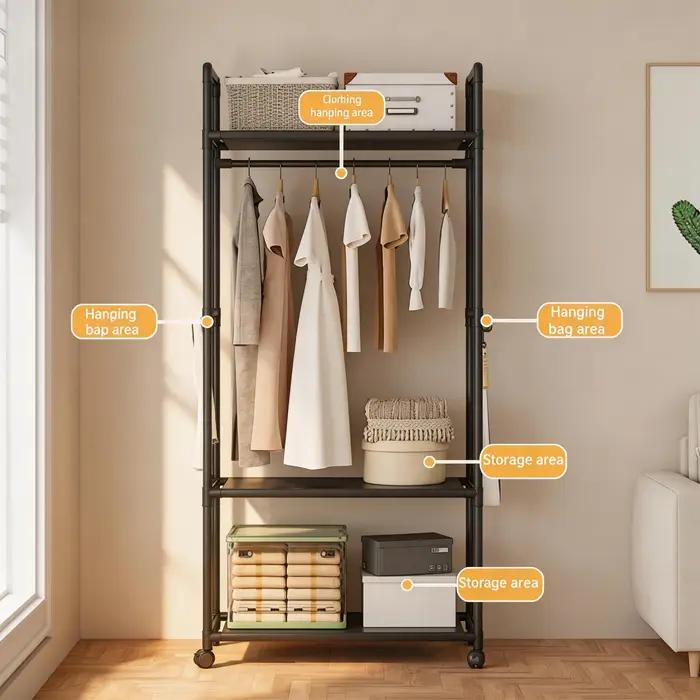 Porte-manteau multifonctionnel avec cintres et étagère de rangement multi-niveaux pour salon et chambre gain de place organisation vêtements chaussures accessoires
