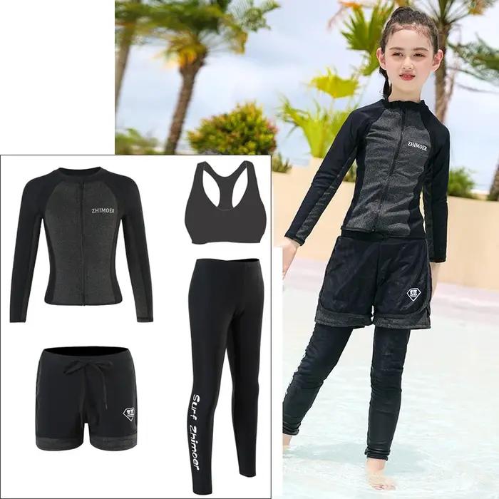 Filles jeunesse à manches longues maillot de bain quatre pièces anti-éruption maillot de bain hauts