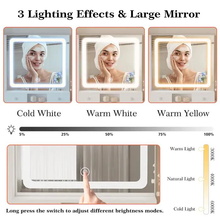 LIKIMIO-Bureau de courtoisie avec miroir 4.2 par LED, prise de courant et armoire, tabouret de range