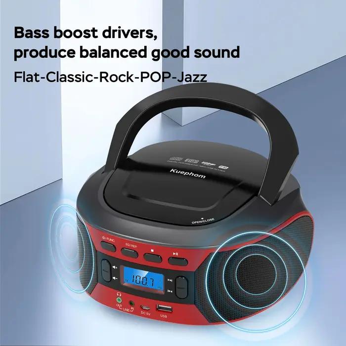 Boombox radio CD avec lecteur cd portable Bluetooth et USB avec EQ, alimentation AC et DC, affichage