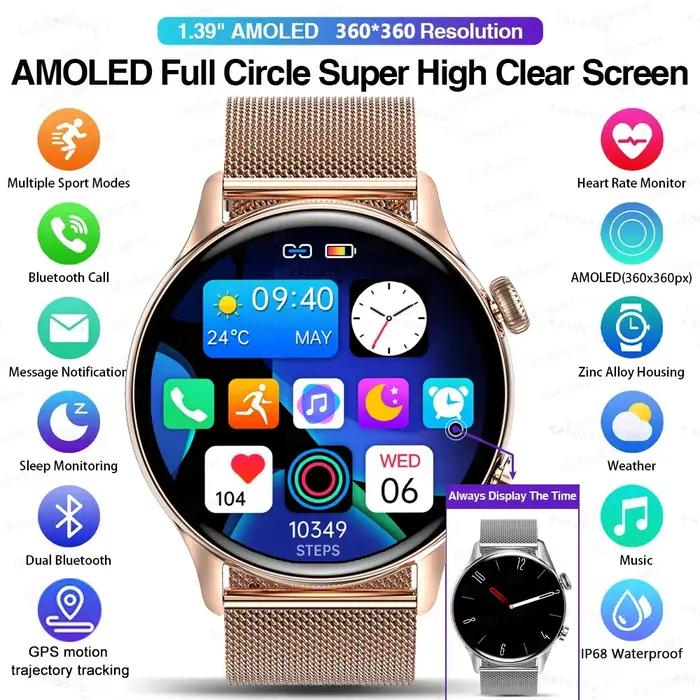 Nouvelle montre intelligente 2026 pour femmes, écran AMOLED HD, affichage permanent, appel Bluetooth