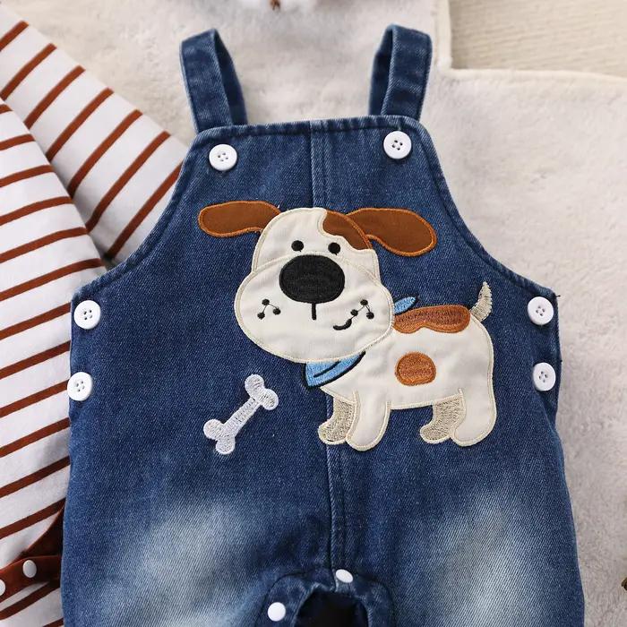 Combinaison rayée rouge et blanche pour bébé garçon + salopette en jean à motif de chiot mignon, ten