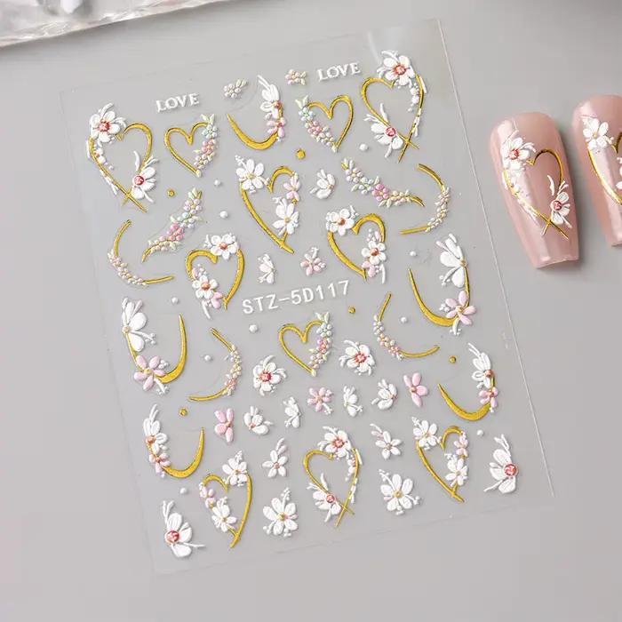 5D en relief Kawaii Floral or ligne curseurs printemps fleurs blanches ongles autocollants bricolage