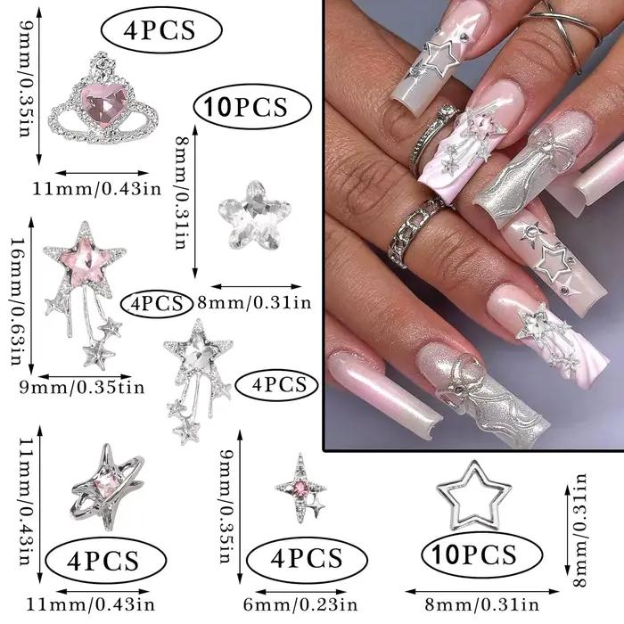 40 pièces étoile ongles breloques argent 3D étoile breloques rose ongles strass Multi Style Nail Art