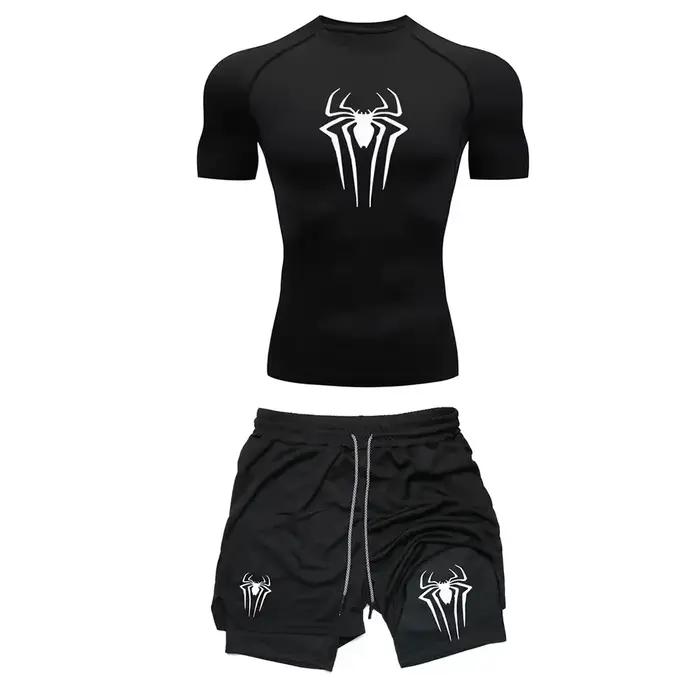 Ensemble de Compression d'entraînement pour hommes, t-shirt de gymnastique imprimé araignée Y2K, sho
