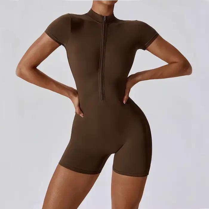 Combinaison de Yoga d'été à manches courtes avec fermeture éclair, tenue de sport, Fitness, body pou
