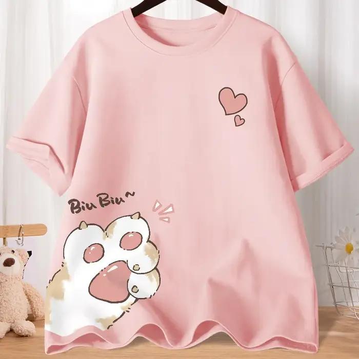 T-shirt à manches courtes pour femmes, ample, surdimensionné, avec griffe de chat douce, amour, impr