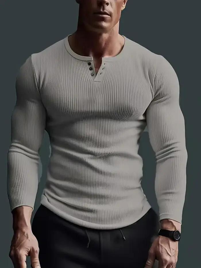 Automne hommes sans col boutonnage Henry petit haut Fitness haute Stretch Base chemise couleur unie